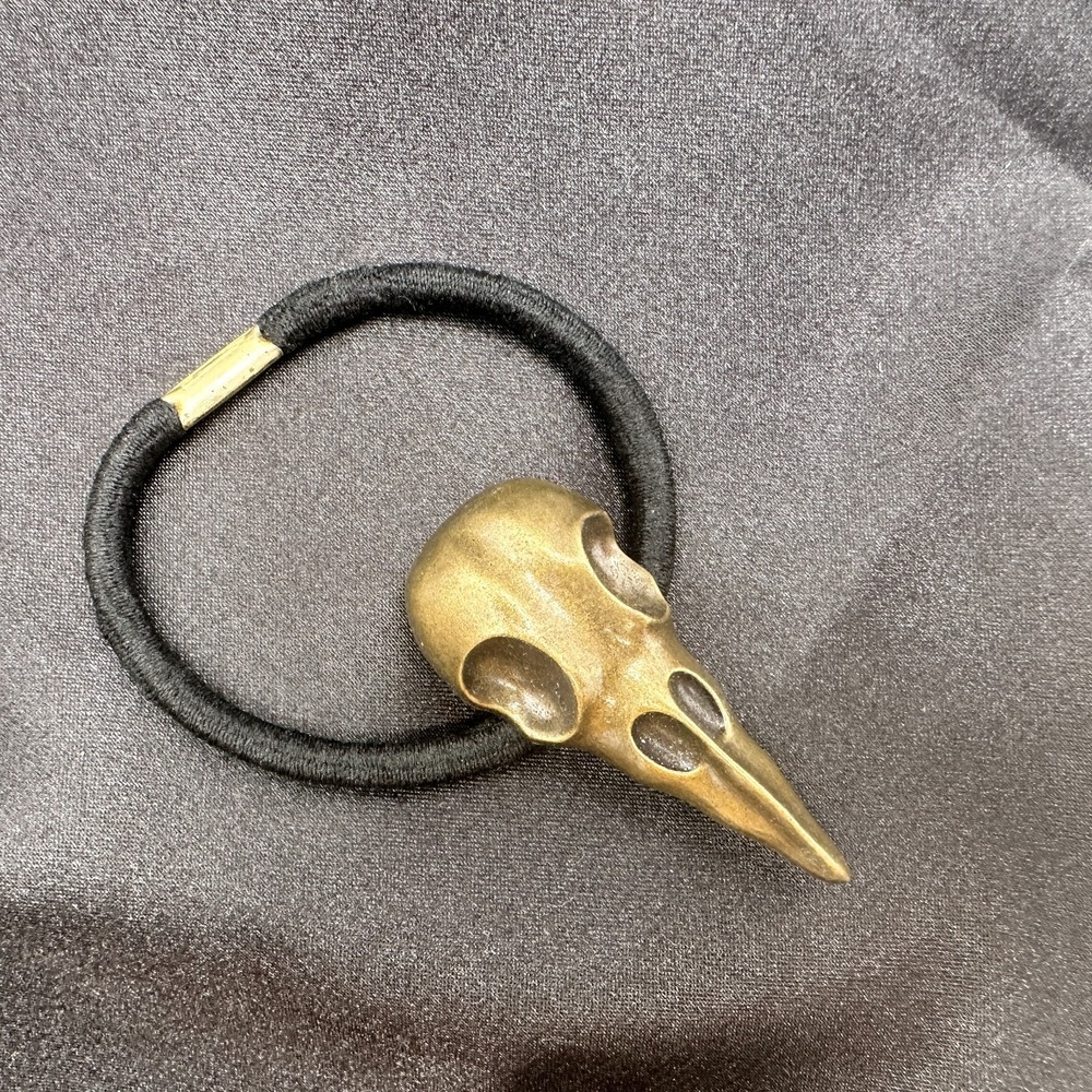 Vintage Y2K Bronze Tone Crow Skull Up Elastic Hair Band Halloween Hair Accessory - Picture 1 of 10